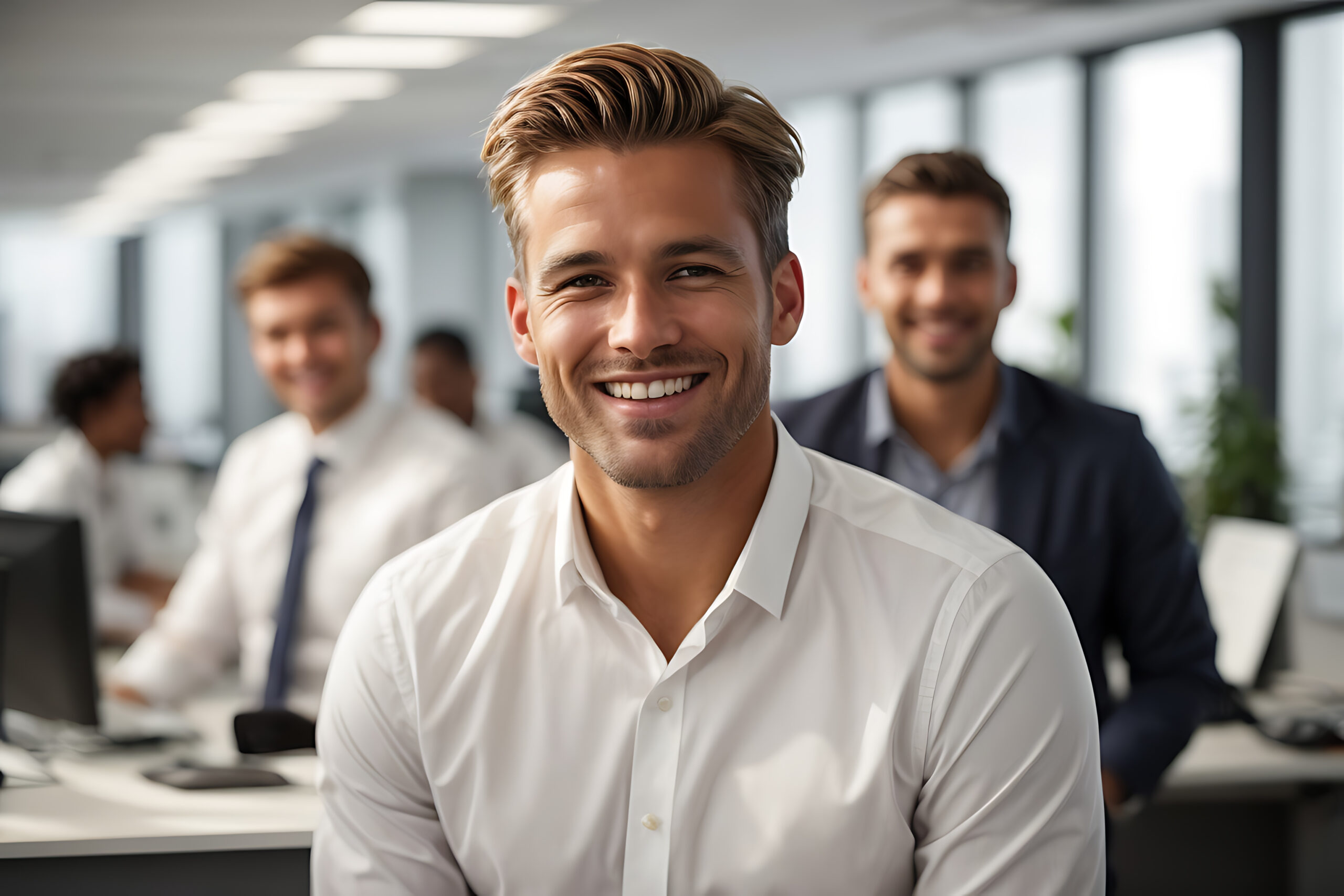 man sitting in front of office computer monitor for work. generative ai.